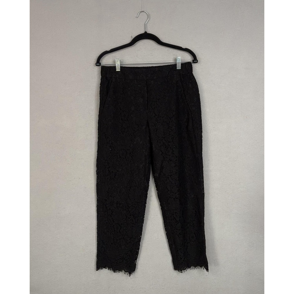 J Crew Pants Womens 4 Black Floral Lace Cropped Tapered Pull On Lined Dressy